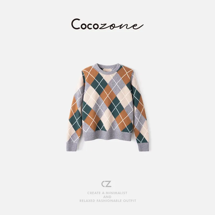 COCO ZONE刘一一 “菱格毛衣”100绵羊毛圆领毛织上衣 CD1A1369