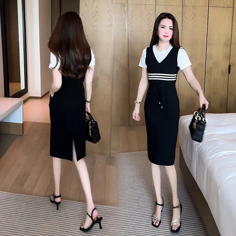 2025夏季新款时尚假两件连衣裙洋气修身开叉小个子中长款显瘦裙子
