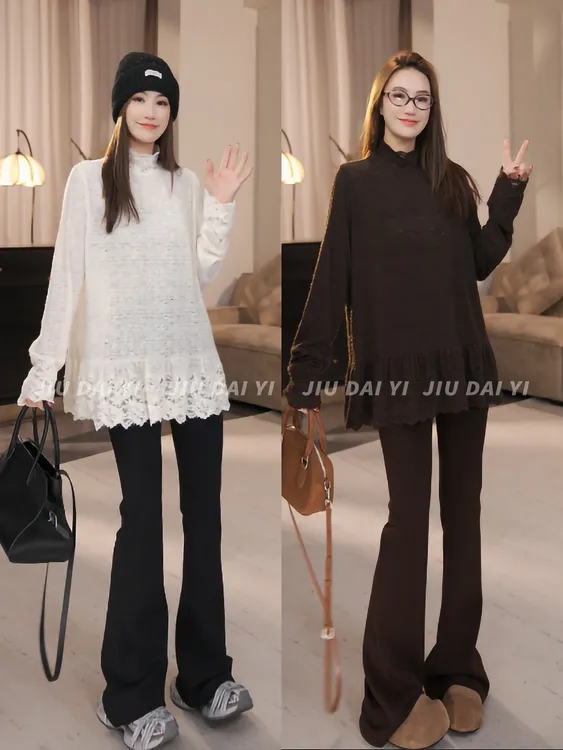 玖黛衣【冬日舞曲】冬季磨毛立领气质百搭蕾丝长袖T恤TXP47144