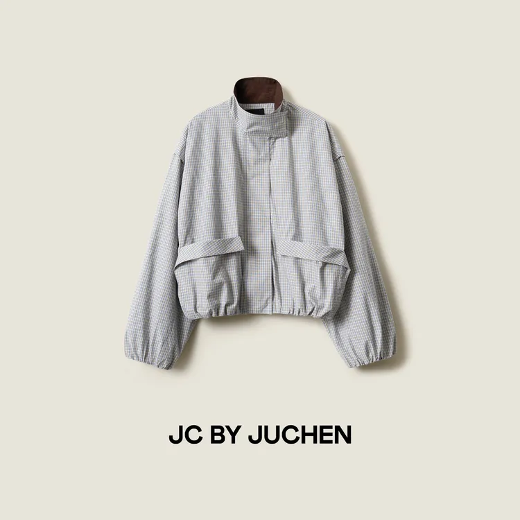 蓝白复古细格纹哈灵顿设计花苞夹克外套FW102003-87“温莎格调”