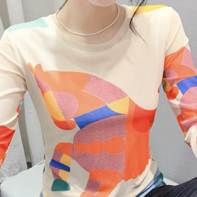 个性印花网纱长袖T恤女夏装新款欧洲站时尚修身洋气减龄上衣2056