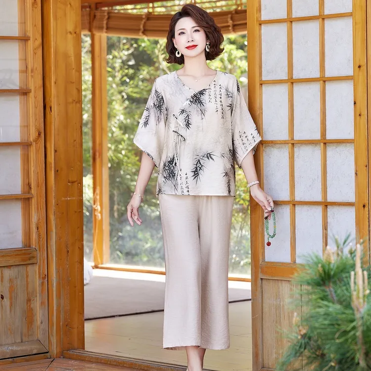 时尚妈妈装套装中老年女装宽松阔腿裤两件套薄款夏装显瘦夏季大码