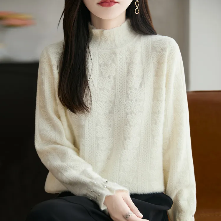 纯100羊毛衫女秋冬新款提花杏色半高领钉珠毛衣内搭羊绒打底衫女