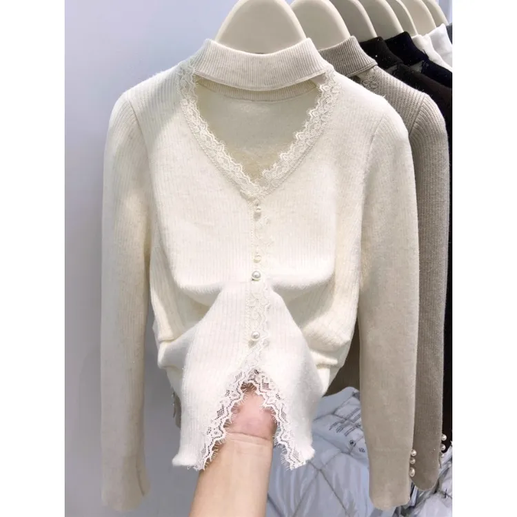 蕾丝长袖针织衫女加绒加厚一体绒毛衣2025冬季新款打底衫外穿上衣