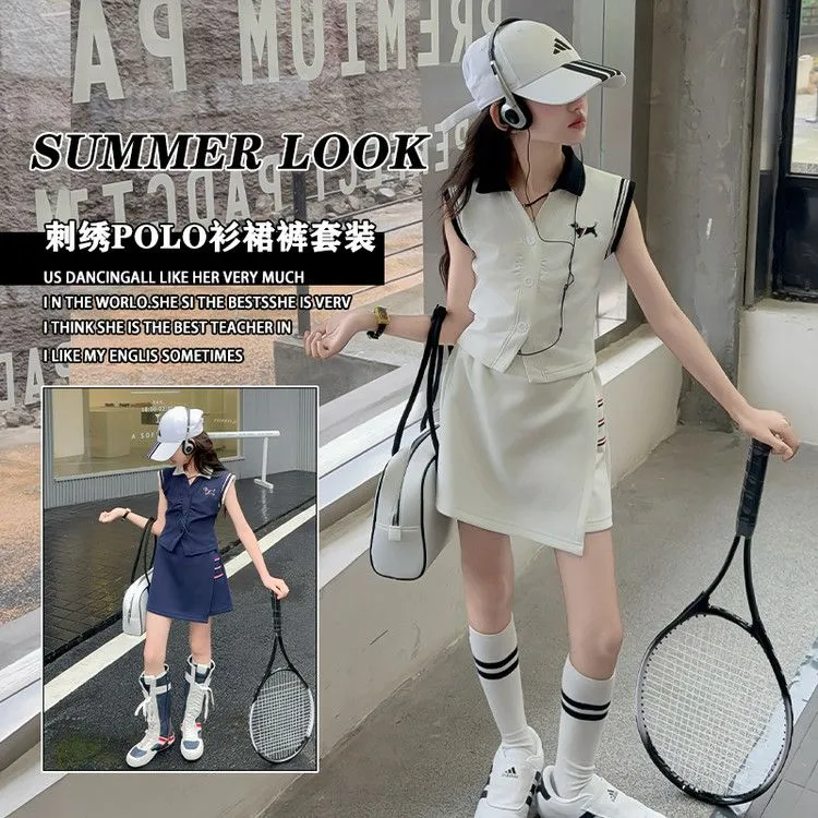 2025新款女童时尚休闲运动修身显瘦气质无袖单排扣学院风两件套潮