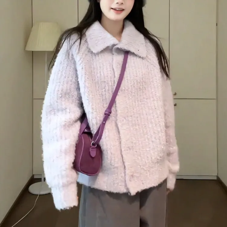 韩系软糯懒惰风紫色毛衣2025秋季温柔翻领时尚洋气独特别致针织衫