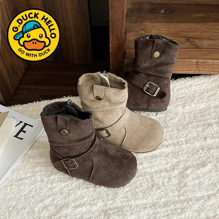 小黄鸭女童靴子儿童马丁靴2025新款秋冬季加绒宝宝中筒女孩勃肯靴