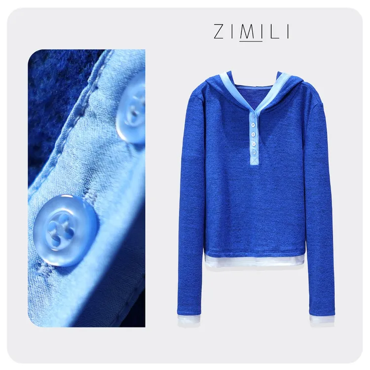 【子秋女装】2025欧货扩版海涛蓝拼接假两件轻奢连帽上衣6059A