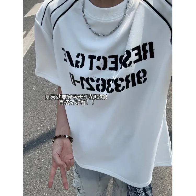 线条解构美式短袖T恤男夏季重磅拼接五分袖潮牌字母欧美高街半袖