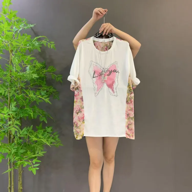 25127夏季洋气减龄法式碎花拼接亮钻蝴蝶圆领短袖T恤大码显瘦