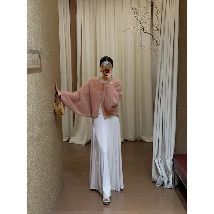 御姐范洋气高级毛毛长袖外套百搭上衣收腰显瘦V领长袖连衣裙套装