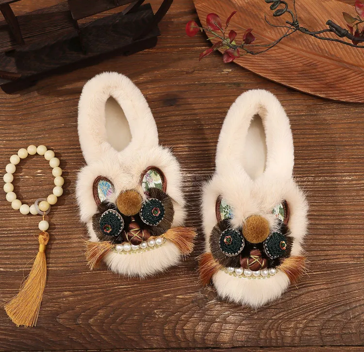 冬季新款平跟浅口女一脚蹬国风棉鞋刺绣手工百搭虎头鞋保暖软底鞋