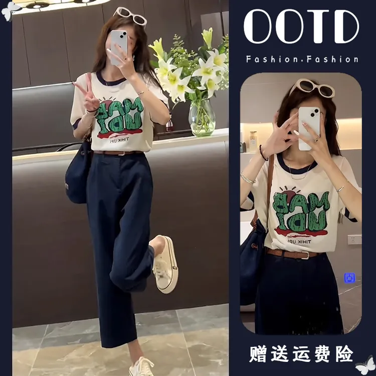 夏装搭配一整套韩系百搭印花短袖T恤高腰直筒九分休闲裤洋气套装