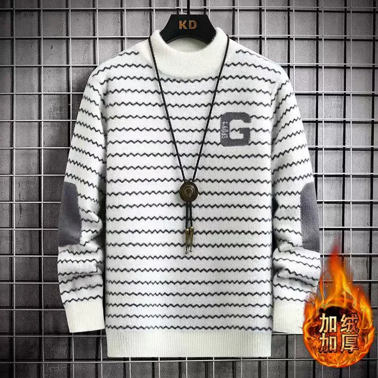 青少年大童毛衣男半高领一体绒加厚保暖打底衫冬季学生条纹针织衫