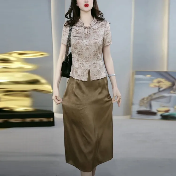 提花缎洋气优雅轻奢女装2025夏季新款短袖时尚复古假两件连衣裙子