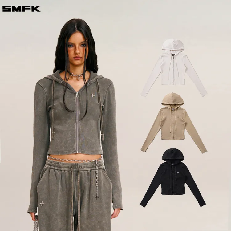 SMFK野性复古修身拉链帽衫 CHV11W 短款修身显瘦连帽上衣运动外套
