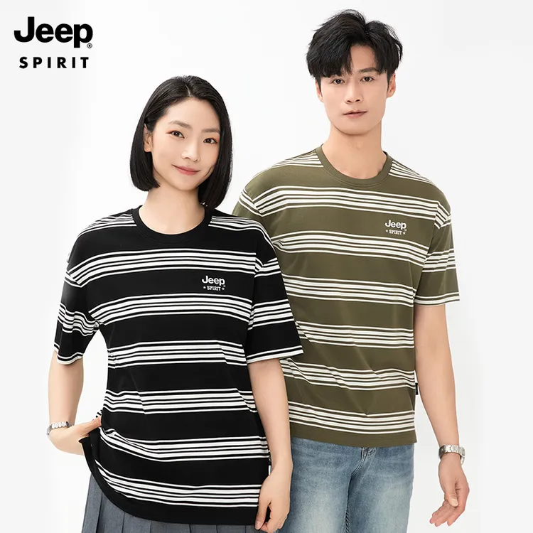 JEEPSPIRIT夏季情侣款条纹圆领短袖T恤休闲宽松弹力针织衫男半袖