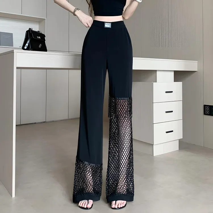 设计感小众辣妹黑色镂空网格流苏钉珠阔腿裤女夏季直筒裤休闲长裤