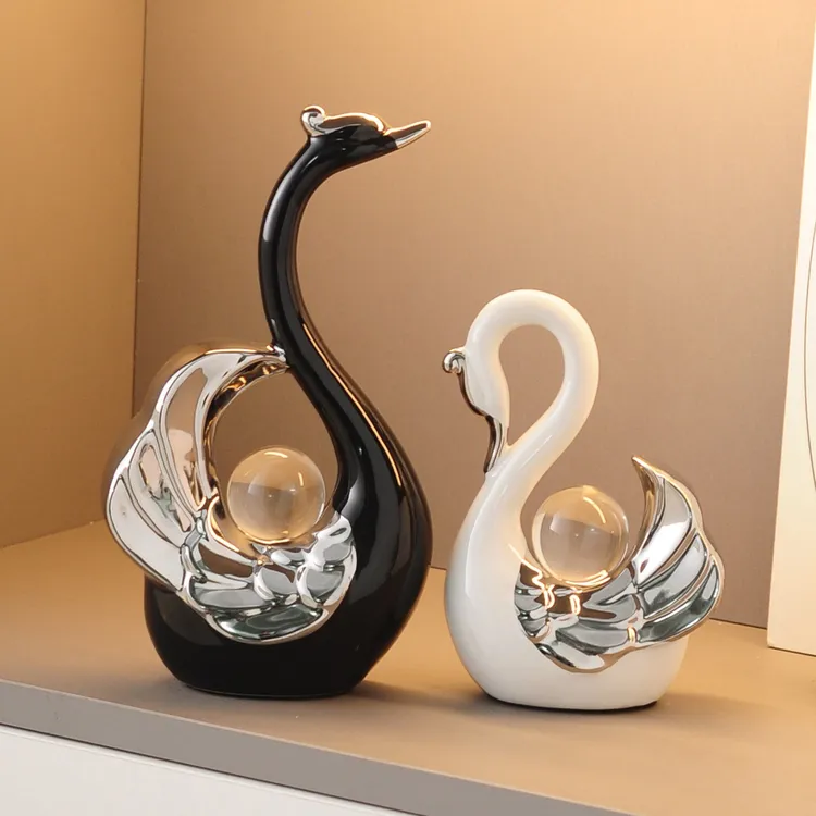 意式极简黑白天鹅一对酒柜装饰品寓意好的摆件轻奢高档软装高级感