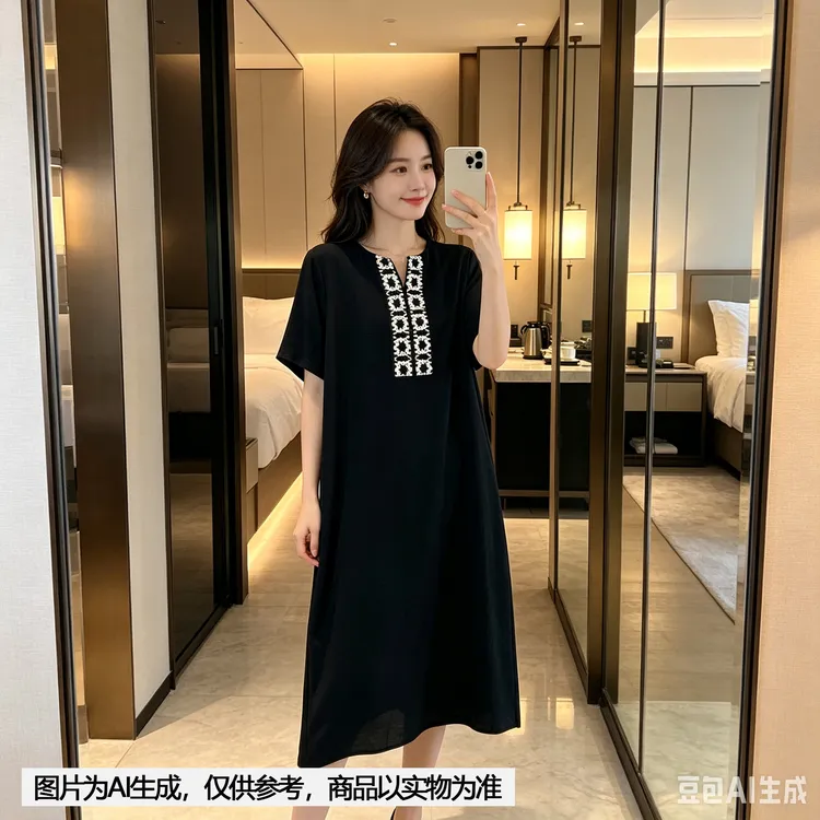 【Annie 180】夏款时尚v领钩花连衣裙休闲宽松大码显瘦长裙