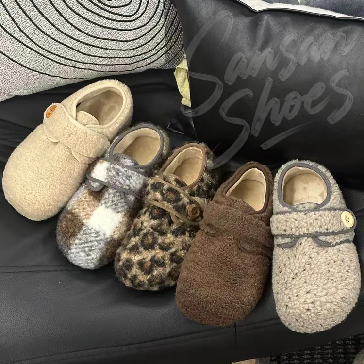 秋冬毛毛勃肯鞋厚底加绒韩版复古魔术贴豹纹勃肯格纹灰色勃肯鞋