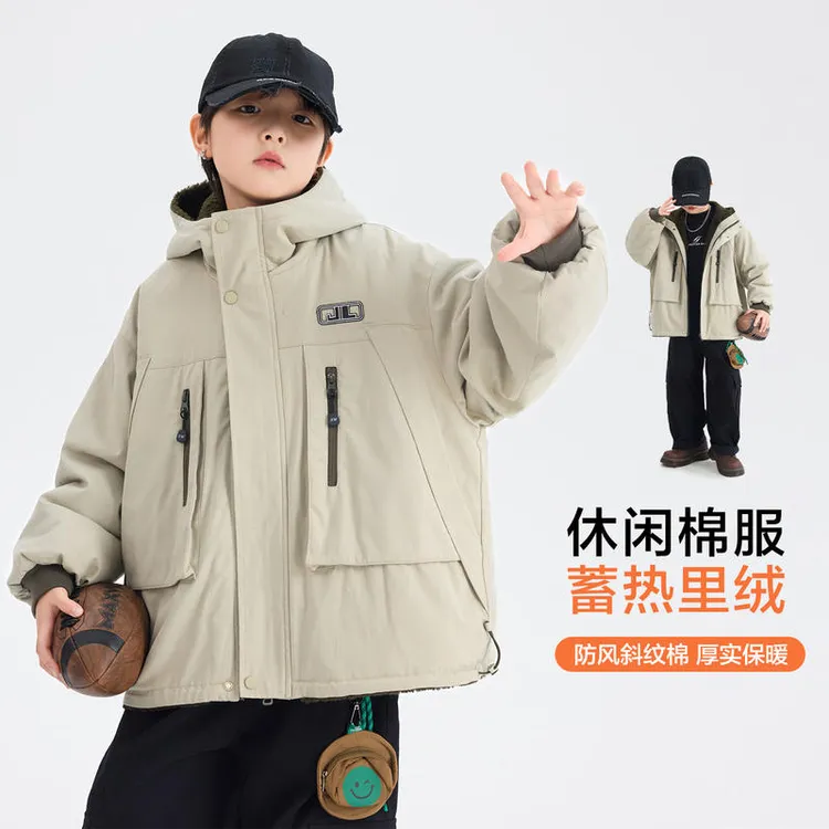 男童冬装户外防风加绒连帽工装外套2025新款儿童冬季加厚保暖棉服