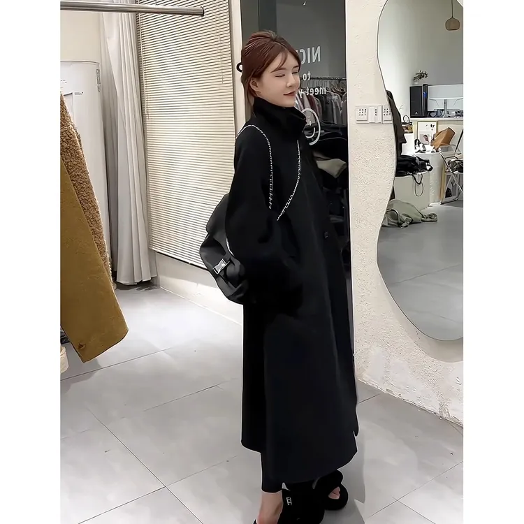 冬季韩版设计感立领双面羊毛大衣女新款黑色小个子中长款毛呢外套