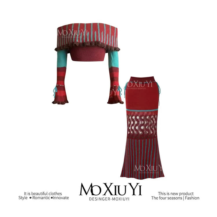 MoXiuYi STUDIO2025针织一字肩鱼尾套装裙