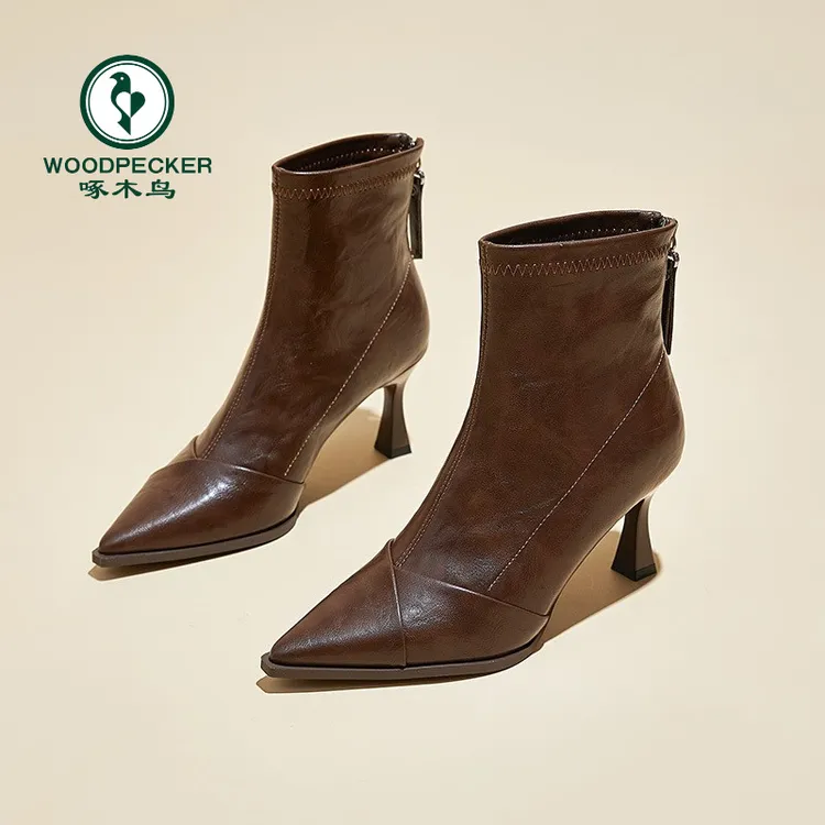 啄木鸟软皮短靴女2025秋冬季新款韩版百搭法式复古尖头细跟瘦瘦靴