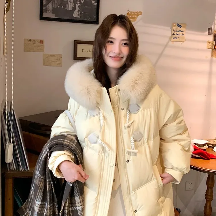 正品95绒2025新款羽绒服女款中长款过膝加厚冬季外套爆款黄色推荐