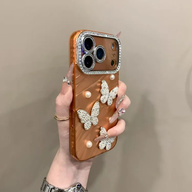 爱玛橙水波纹闪钻珍珠蝴蝶适用苹果17pro手机壳16promax网红15仙
