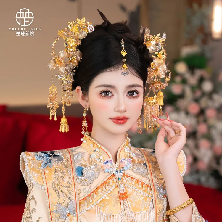 中式新娘头饰秀禾服龙凤褂香槟色发簪发饰古典婚礼盘发高级配饰品