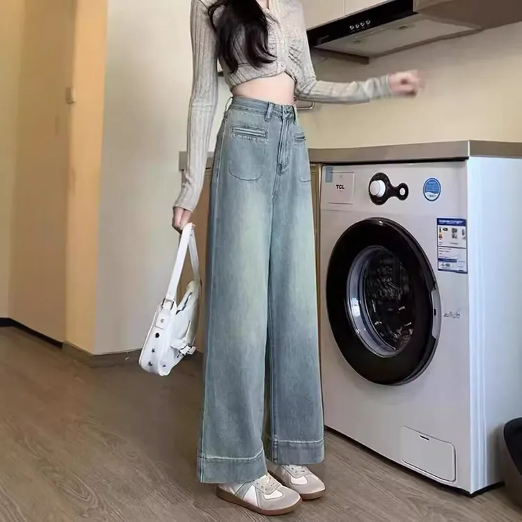 深蓝色阔腿牛仔裤女2025年秋季新款高腰宽松直筒显瘦小个子九分裤