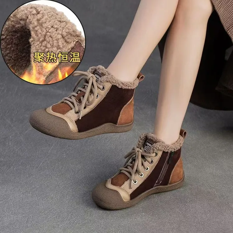 2025秋冬季新款加绒保暖拼色时尚高帮棉鞋复古风短靴百搭软底女鞋