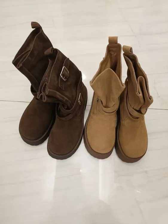 真皮牛翻皮纯色英伦复古女中筒皮带扣马丁靴百搭系带靴子户外冬季