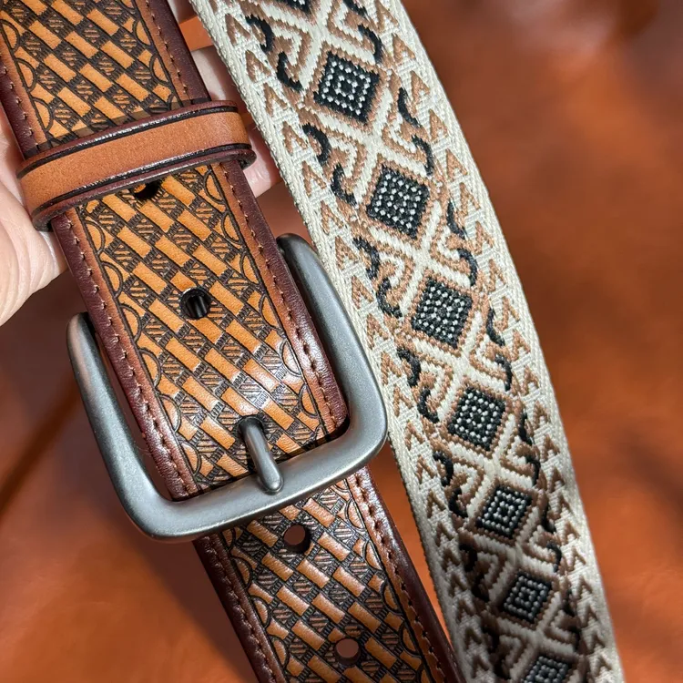 JIYE/迹也帆布牛皮格纹男女复古民族港风牛仔裤腰带皮带时尚个性