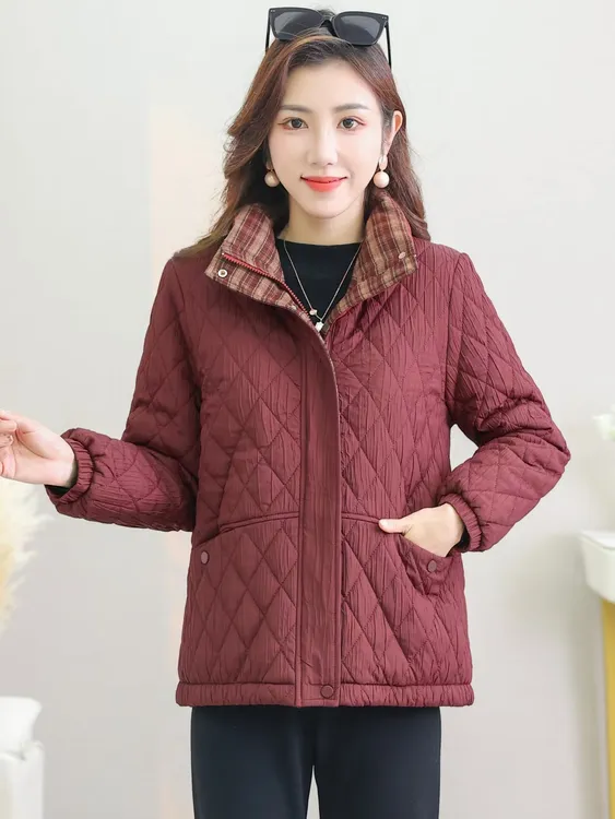 常规款立领格子厚款中老年女装拉链民族风宽松型常规