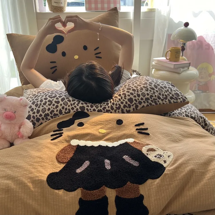 ins少女卡通猫咪豹纹咖毛巾绣被套床上用品宿舍被罩床单人非纯棉