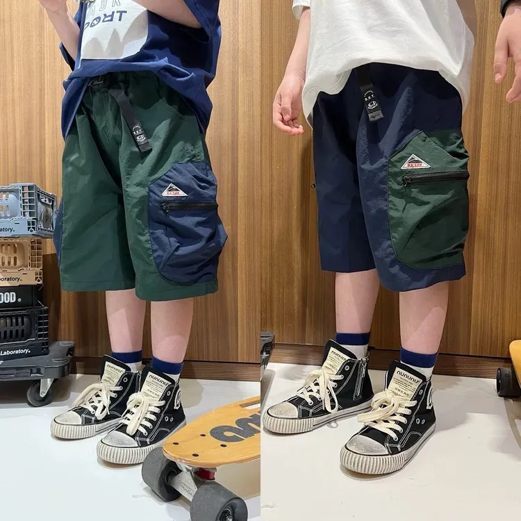 男童山系大口袋拉链短裤儿童三角贴标速干短裤女童五分裤薄款潮