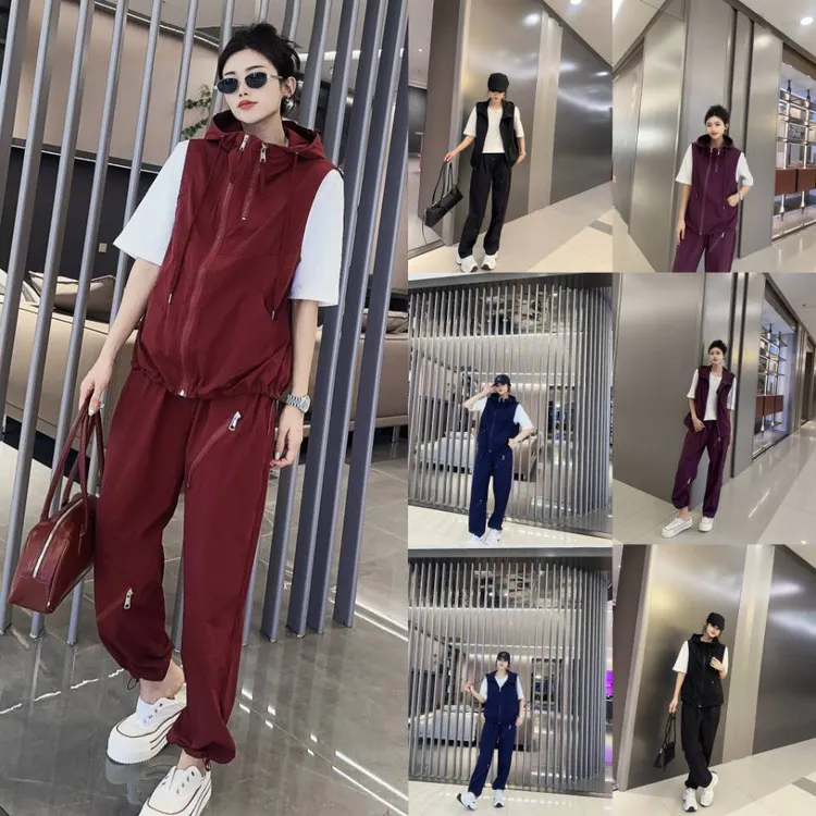 欧货早秋连帽防晒马甲T恤裤子三件套休闲套装女大码宽松外套25185