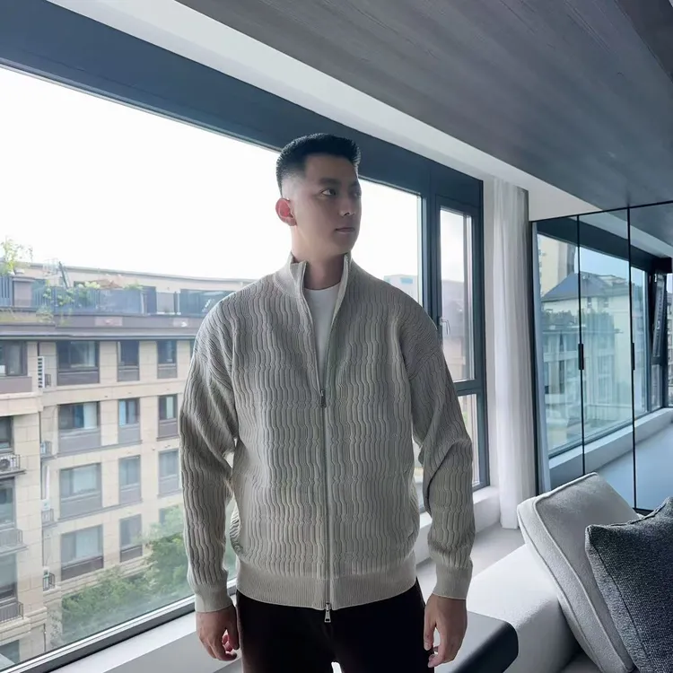 【高奢天丝羊毛混纺】男士秋季立领双拉锁混织提花肌理感针织开衫