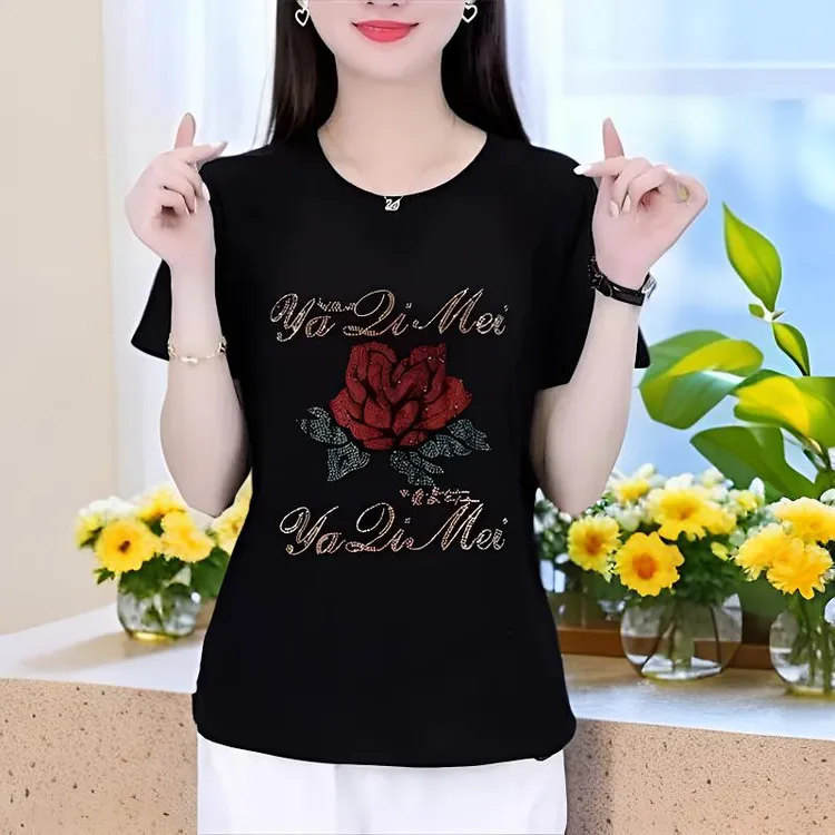 QUEEN大码纯色圆领烫钻短袖修身T恤时尚女士宽松打底衫休闲显瘦