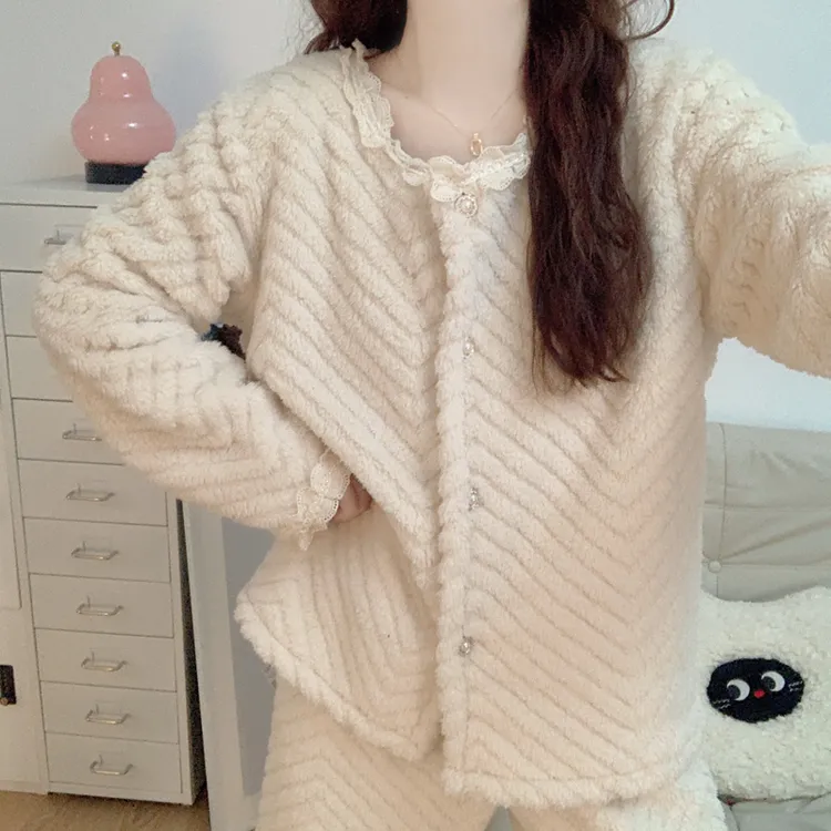 【加绒加厚】珊瑚绒睡衣女款秋冬季韩系公主风法兰绒保暖家居服套装
