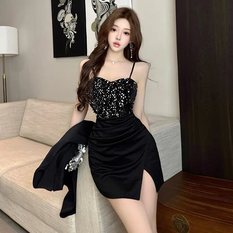 名媛性感小礼服小众法式亮片拼接纯欲吊带紧身显身材包臀连衣裙女