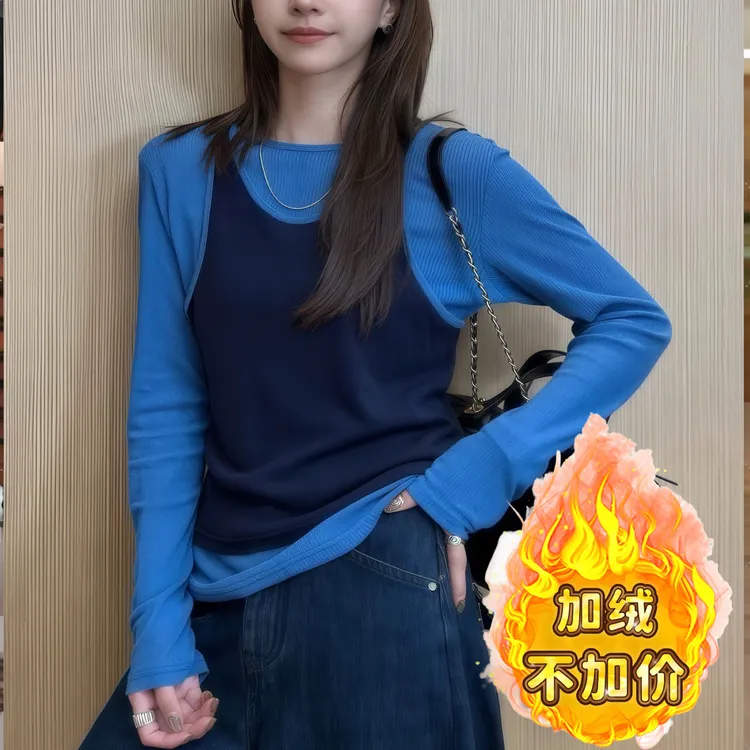 【真两件套】圆领休闲拼接百搭秋季2025秋冬新款高级感拼色轻奢 T恤