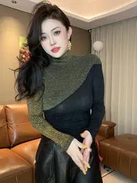【粉丝专享】高领拼色法式风内搭打底衫百搭修身透气烫钻长袖女