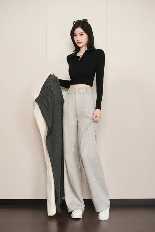 秋冬新款爆款人字纹羊  绒毛呢高腰显瘦窄版直筒裤时尚百搭阔腿裤