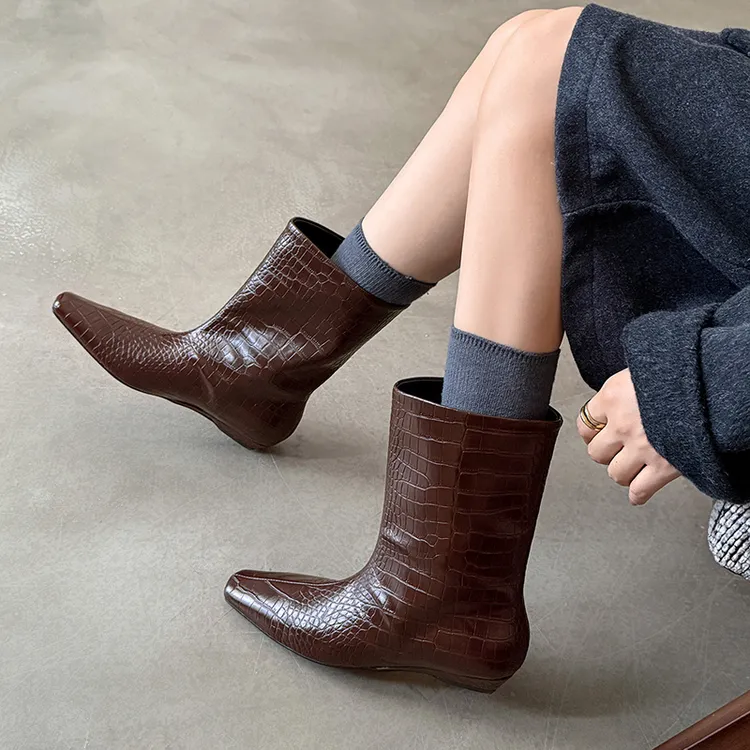 【唐唐家】鳄鱼纹方头坡跟真皮短靴气质西部靴2025新款老钱风高级感