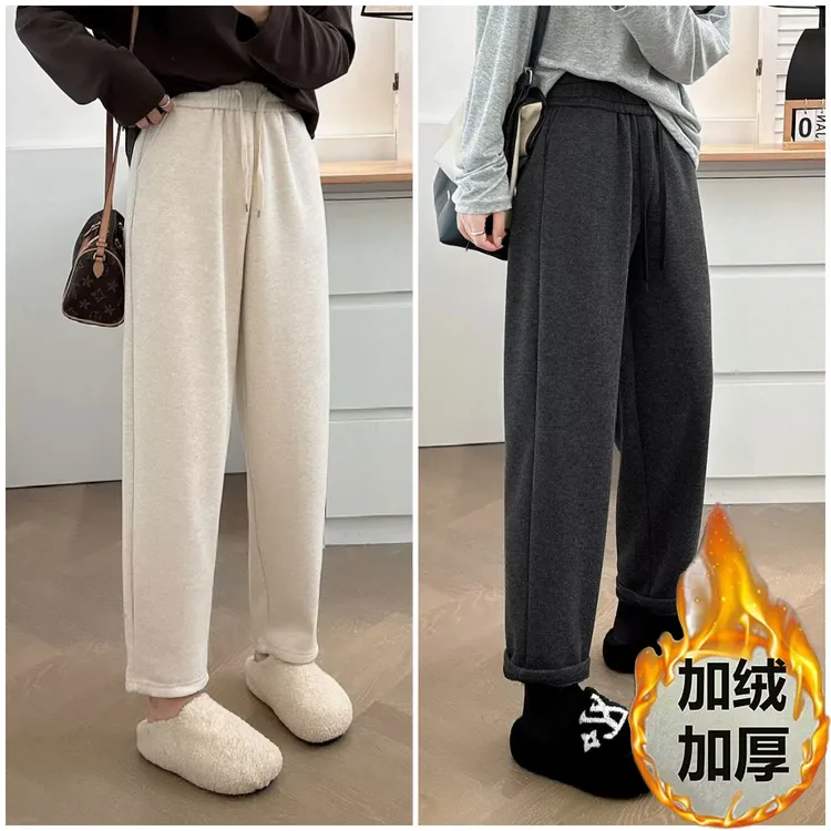 大码胖mm人字纹加厚加绒裤子女冬季2025高腰显瘦毛呢直筒休闲裤