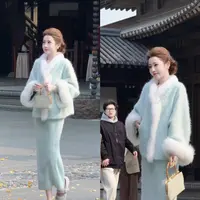 【婷婷】《青花瓷•摄人心魄》贵气重工狐狸毛拉绒大衣套装25DK8010